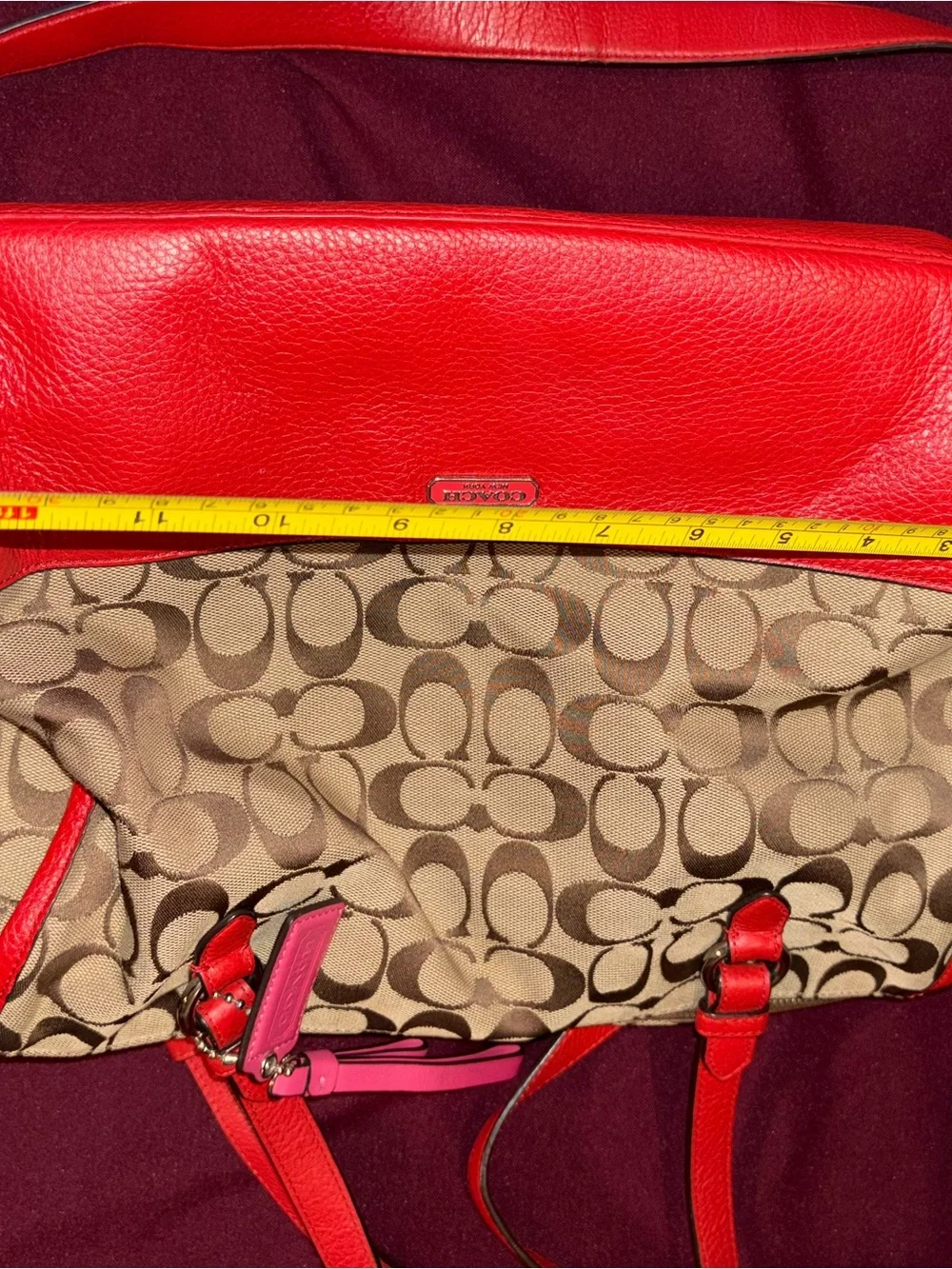 Coach Brown Signature Canvas Shoulder Bag with orange/red Trim
